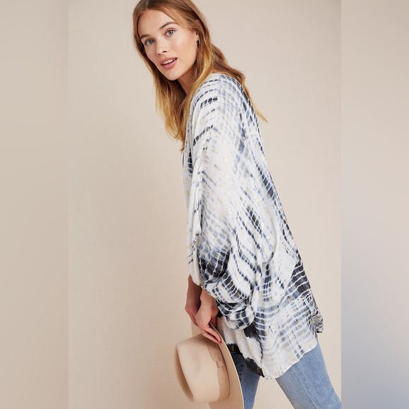 Anthropologie Blue Vada Shimmer Cocoon Kimono Flowly Breathable One Size - Picture 5 of 15